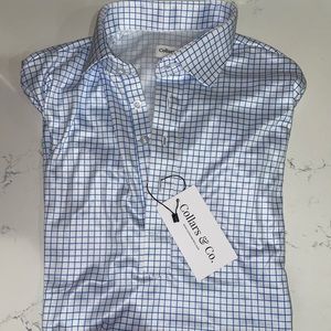 Collars + Co: Semi-Spread Collar Polo Thin Blue Check